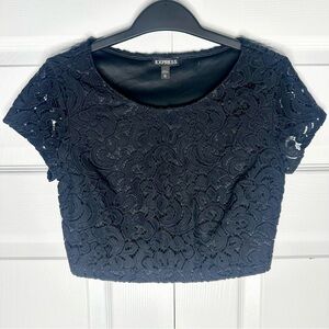 Express Black Lace Cropped Short Sleeve Shirt Side Zipper Lined Slight Stretch